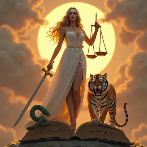 The Goddess Themis of Justice, with a curvaceous body and showing her wide hips , and sturdy legs , and with long, wavy gold-colored hair , and wearing a white dress , and with soft and smooth skin , with the other hand and holding a long sword , and h...