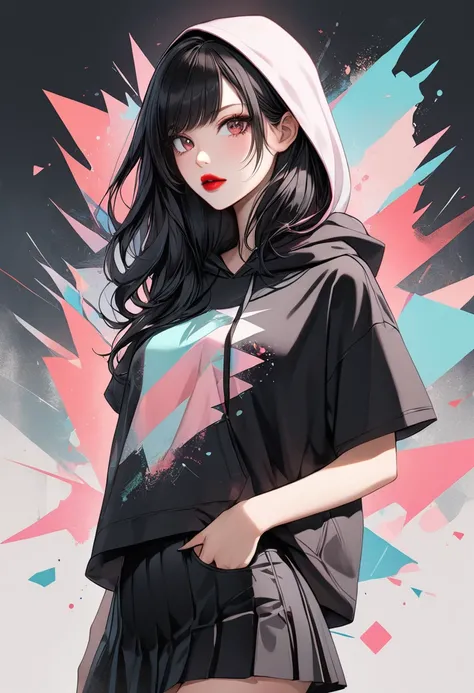 1 woman,  sharp eyes, Red lips, black long hair, Side swept hair, pastel pattern hooded t-shirt,  black skirt 