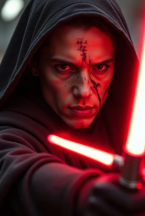 Kylo Ren wielding his lightsaber, facing forward with a determined expression, showcasing battle scars on his face, realistic and dynamic composition, intense emotion, detailed facial features, dramatic lighting, cinematic atmosphere, sci-fi elements, acti...