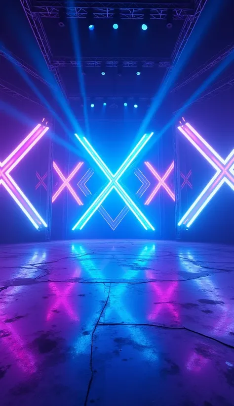 A futuristic stage setup with vibrant neon lights and geometric patterns. The color palette features dynamic blues, purples, and bright white spotlights. The background showcases glowing X shapes with intricate overlapping designs, creating a high-tech, mo...