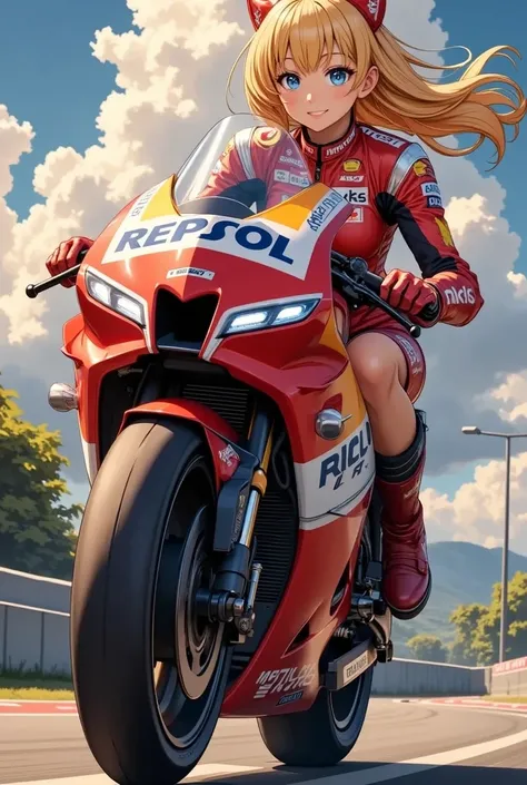 A Anime Beautiful Girl Is Riding A HONDA　Repsol 　 motogp, glossy brown skin, small breasts, video, Yellow Hair,  inviting, top quality,  textured skin, 細い足 、 high heels、