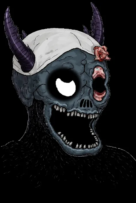 he image is a digital drawing featuring a stylized, dark and menacing character. The character has a skull-like head with a prominent, empty eye socket on the left side, right side is distorted with hate and love of sky demon