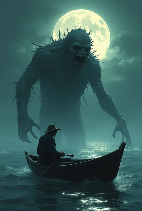  a fisherman wearing a hat on a boat paddling before he could react, The thing came out of the depths : A deformed figure ,  with rotten meat and a macabre smile , on a full moon