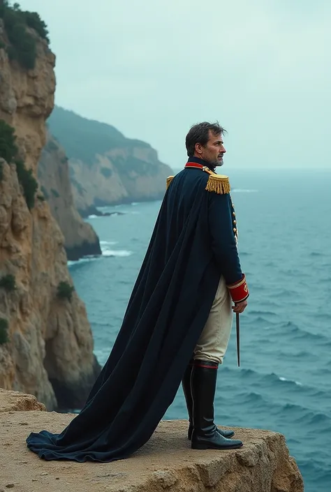 Napoleon in exile on the island of Elba, gazing out over the sea from a rocky cliff, contemplating his future."