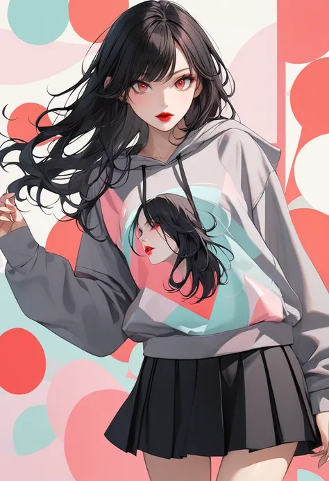 1 woman,  sharp eyes, Red lips, black long hair, Side swept hair, pastel pattern long sleeve hooded t-shirt,  black skirt 