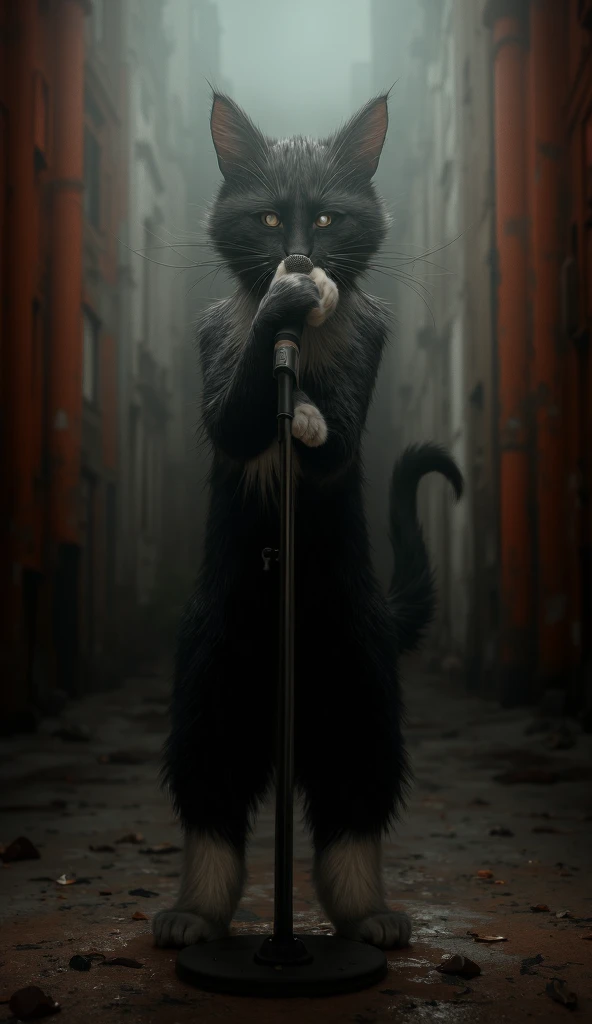  a super naughty and smart cat, Black and white street cat ,  standing singing on a microphone 