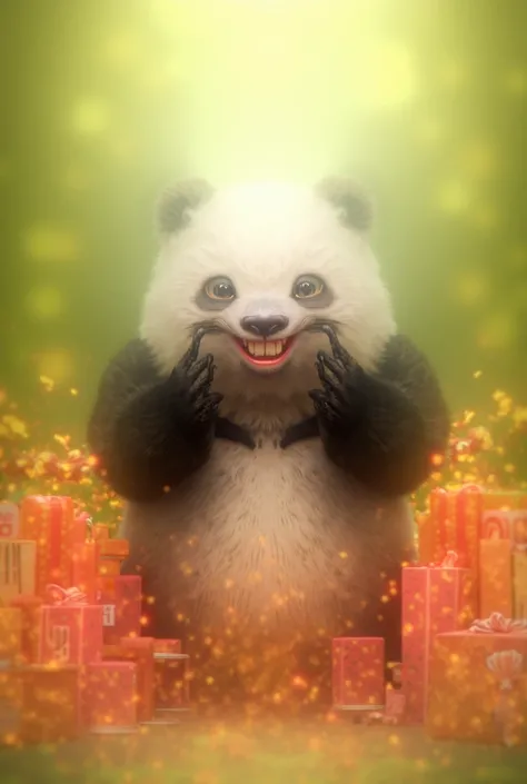 Panda having gifts and saying happy birthday 