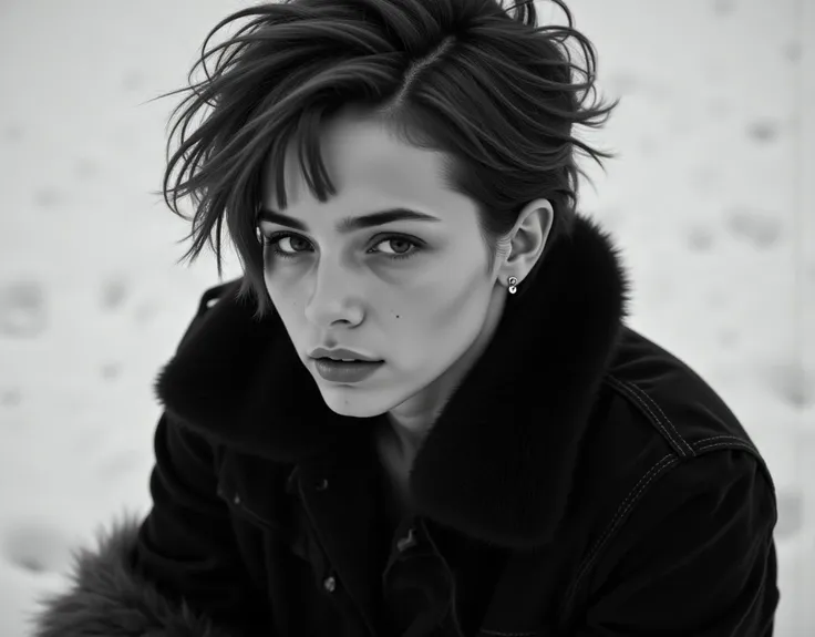 Close-up black and white portrait of a young woman with a melancholic expression.  Her face is framed by wild, voluminous, dark hair.  Her gaze is direct, almost intense, with a subtle hint of sadness.  Her lips are full and slightly downturned, reflecting...