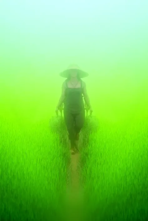 Draw a farmer walking in a rice field 