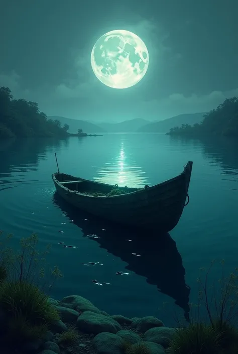 a boat was pulled to the bottom of the lake, on a full moon