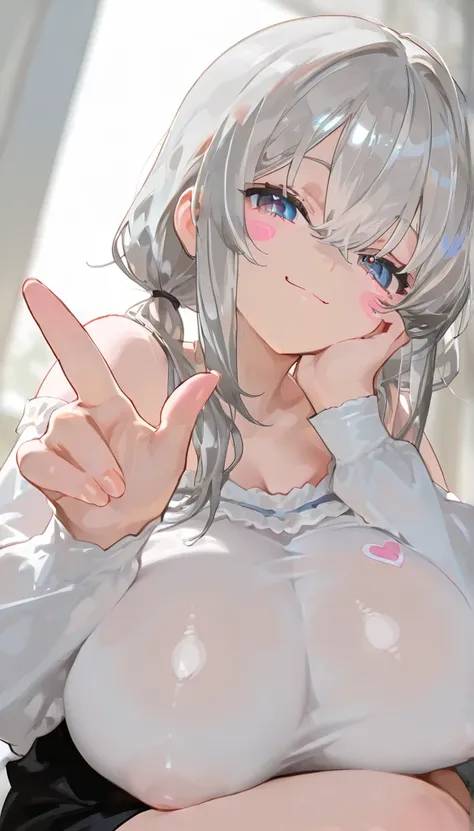 (masterpiece,  top quality ),       1 girl,  smile、      raise your hand, fingertip 、  Cheek stickers、 gray hair、  twin tails、  blue eyes、 very huge big boobs、(covered nipples )heart、