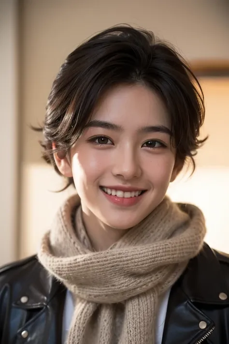 An attractive young man ,  round face with soft features , messy hair and up to the cheeks and brown .
Dark eyes and thick lips . 
 Smiling showing the front teeth that are slightly larger than the others dressed in a leather jacket and scarf