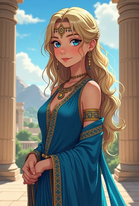 a tribal princess , Young, sexy,  blushed face, with blue tribal garments,  dark blond hair ,  anime style ,  setting from ancient Greece.
