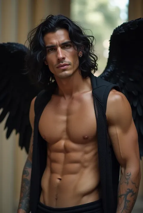 Beautiful masculine angel in the temple backround, long curly black hair, haircute, half hard body, ruggedly handsome, muscular, half body, masculine, mature, Retrato de un joven, Muscular very handsome and attractive  nude sexy men, sharply cut features, ...