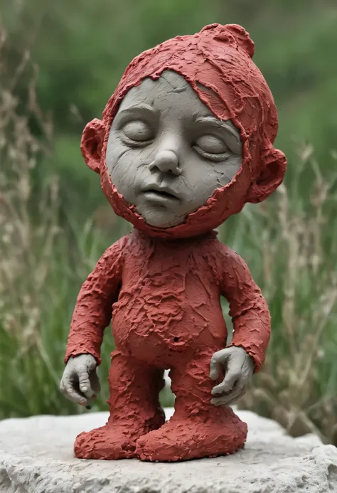 (best quality:1.2),ultra-light clay, clay, pottery, rough knit texture, anguish, dirty, mineral pigments, 3D clay sculpture art, clay sculpture, rough surface, (artwork, clown, red nose, solitary figure, full body, barefoot, shrouded, alone)