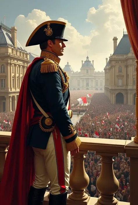 Napoleon standing on a balcony in Paris, looking out over the crowd of citizens and soldiers below, during his rise to power."