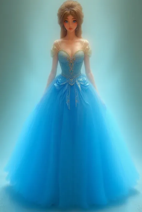  Generate a princess dress , voluminous blue with gold details.   The skirt has to be slightly transparent ,  showing a type of swimsuit next to the dress