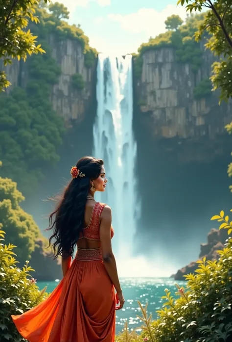 Indian woman standing in front of a waterfall scenic view wearing a short dress