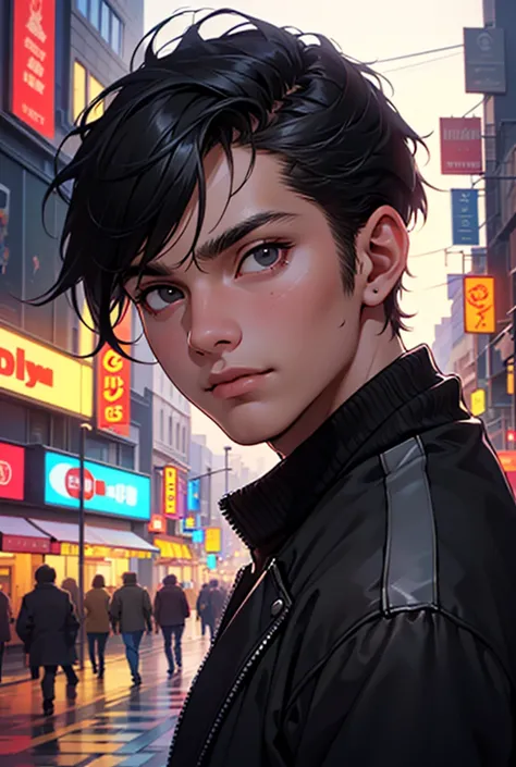 (high quality, 4k, full HD, attention to detail, lots of details, high quality details, well-made faces, detailed face, high quality face), young man in his 20s, black hair, American cut, black eyes, short hair, black jacket with red details, night, city, ...