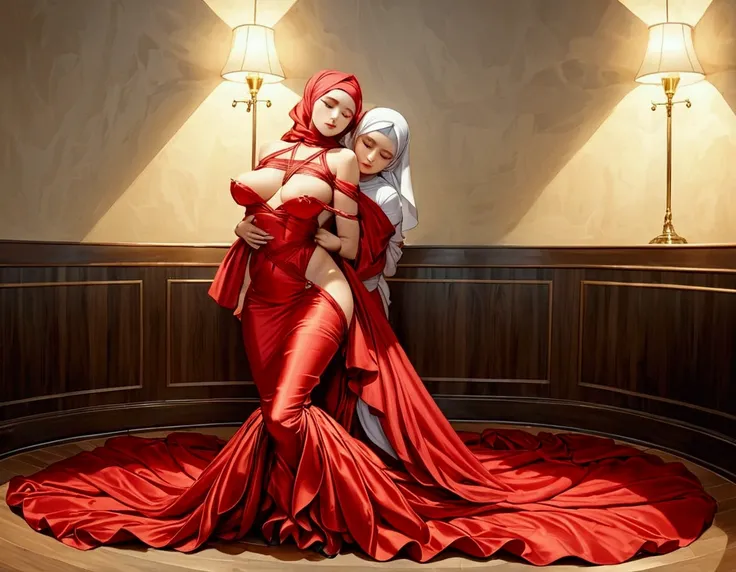 A half nude man hug and grab a woman breast who shrouded in a 10-meter-long, plush red satin cloth, tightly bound and grandly draping along the form of her body, flowing off into a pooled floor-length train,wear high heels, styled in a mermaid-inspired out...