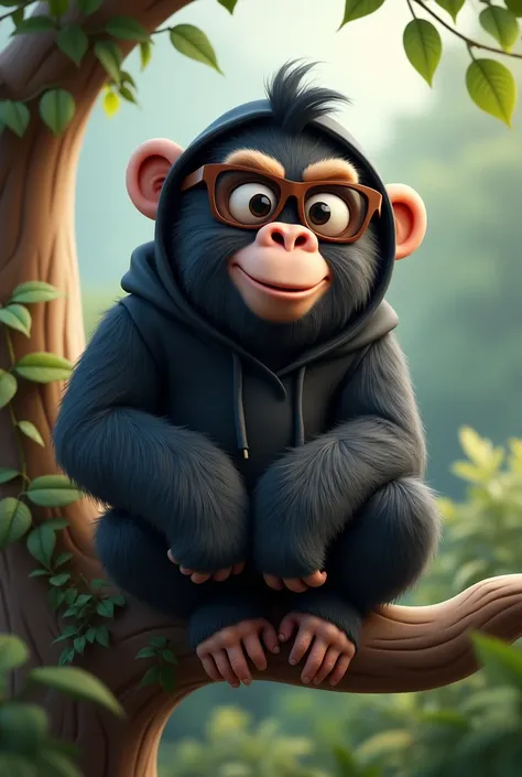 A whimsical antropomorphic gorilla wearing black  hoodie, put in brown oakley glasses, sitting on the tree, 3d render ,doodle , cartoon