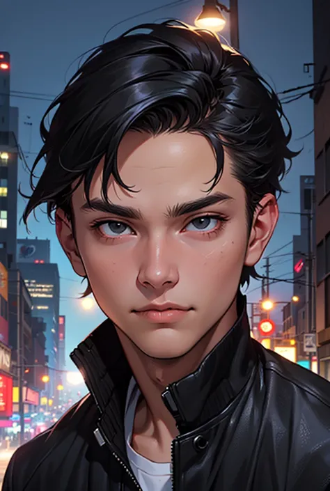 (high quality, 4k, full HD, attention to detail, lots of details, high quality details, well-made faces, detailed face, high quality face), young man in his 20s, black hair, American cut, black eyes, short hair, black jacket with red details, night, city, ...