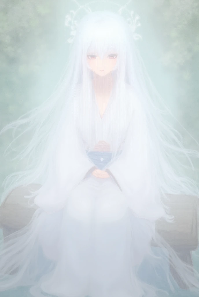 anime - style image of a woman in a kimono outfit sitting on a bench, white haired deity, flowing hair and long robes, flowing white robes, keqing from genshin impact, with long white hair, wearing white robes