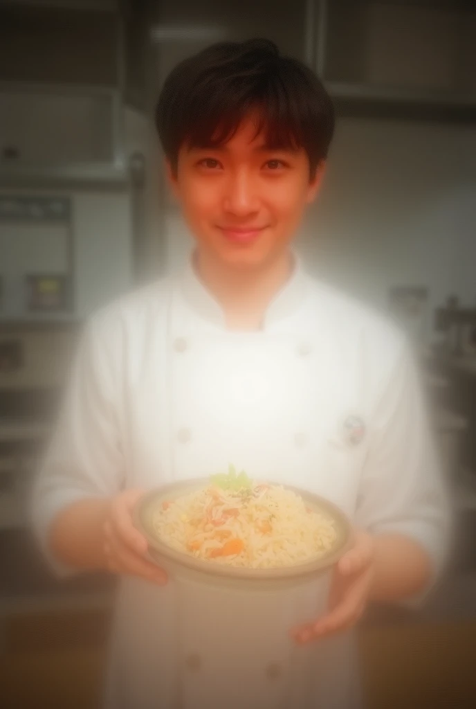 A YOUNG CHEF HOLDING RICE BOWL ON HIS HAND FRONT VIEW