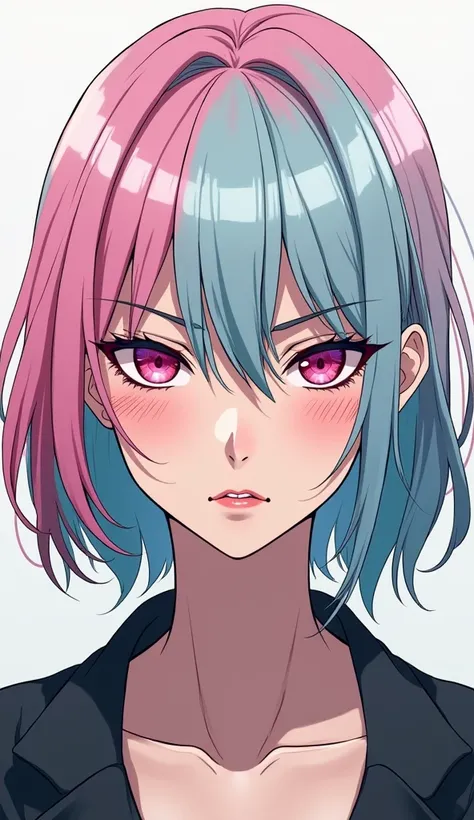  A woman with cyan hair that turns pink at the ends, with a fringe that covers one eye, slightly short hair at the back , pink eyes, She is stately and angry .  anime style 