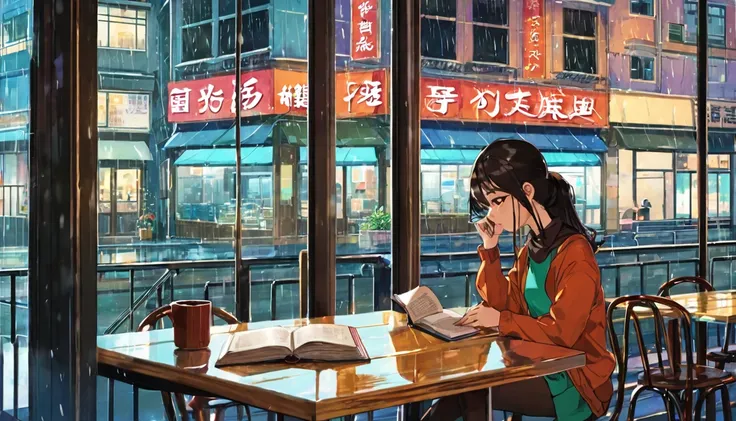  An illustration of a girl studying in an anime-style urban cafe. She sits by the window, Concentrate on reading a book while enjoying the hustle and bustle of the city.  her expression is concentrated , but、It also reflects a certain loneliness.. The inte...