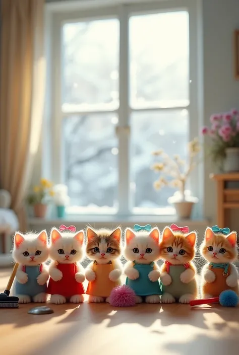 In a bright, cozy living room with a snow-dusted window, ten 3 cm-long kittens with unbelievably cute faces are ready for New Year’s cleaning. Each kitten is a different breed, from a fluffy white Persian to a playful calico, all dressed in tiny cleaning a...