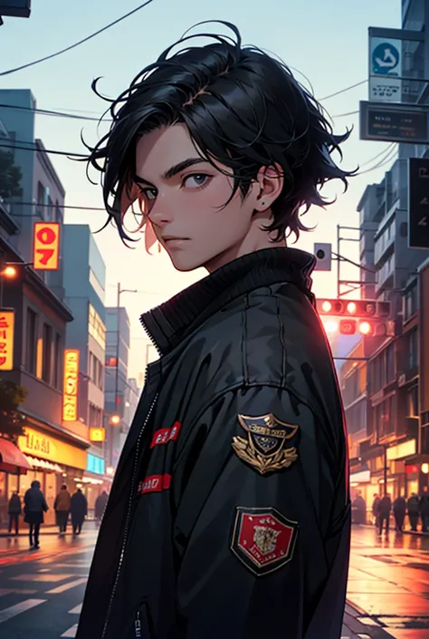 (high quality, 4k, full HD, attention to detail, lots of detail, high quality detail), young man in his 20s, black hair, black eyes, short hair, black jacket with red details, night, city, artificial lighting