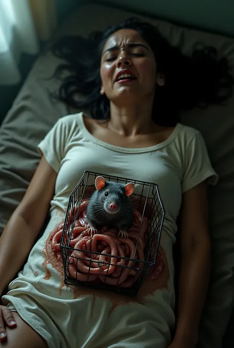 A rat trapped in a cage on the stomach of a living latina babe eating her intestines, the woman is suffering, painful expression, without blood , above perspective,