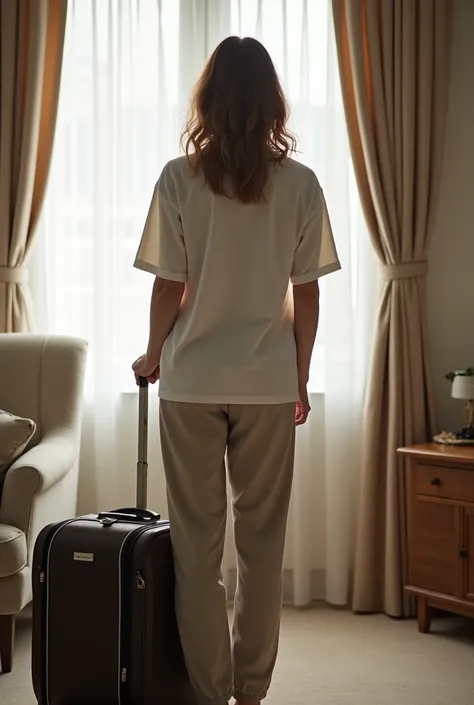 there is a woman standing in a room with a suitcase, full body picture, very very low quality picture, full body photogenic shot, 3 0 years woman, wearing pants and a t-shirt, in tshirt, 3 0 years old woman, 30 years old woman, candid picture, mid 2 0s fem...