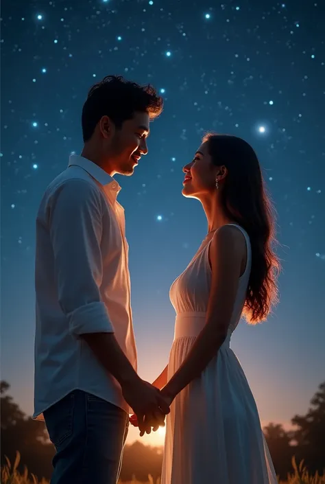 foto realistic,  Indonesian Man, MALAY RACE , slightly curly straight hair  ,big eyes, wearing a neat white shirt  ,  jeans ,berpegangan tangan dengan gadis cantik mengenakan gaun putih,berdiri,wajah mereka saling berhadapan, sky full of night stars , nigh...