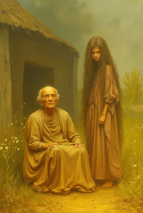  Somewhere there is an old lady dressed languidly sitting in front of her simple house. With her very beautiful daughter with long hair 