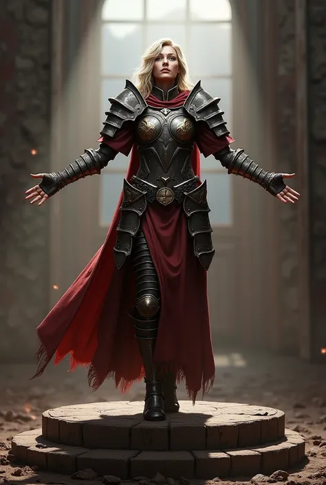 a woman in armor standing on a stage with her arms outstretched, concept art by senior character artist, trending on polycount, renaissance, a very beautiful berserker woman, warrior outfit, female barbarian, from vermintide 2 video game, north adult femal...