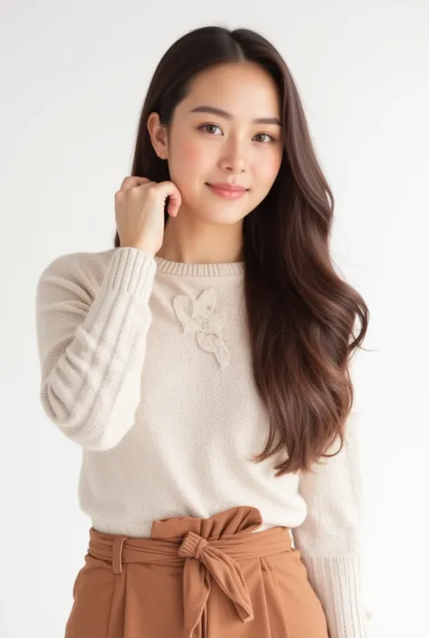 Thai woman,with Sweaters, skirt by the, 20 years old, brown long hair, brown tan skin, smiling, white studio background, full body, (best quality:1.3), photo-realistic, highly detailed, high resolution RAW photo, studio light, extreme detail, High definiti...