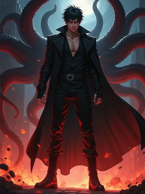 An angry blood-eyed anime male fighter in a gothic combat suit， strong body ， Handsome，Turn sideways，There is a flame under your feet，Standing on the streets of the end ，Twelve giant black tentacles grew from behind him，Horror atmosphere