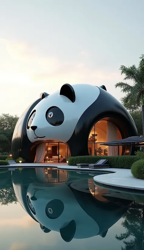 A futuristic house inspired by the shape and aesthetics of a panda. The house should have a black-and-white color scheme to resemble a pandas body. The structure includes rounded features like a pandas face, with large circular windows representing panda e...