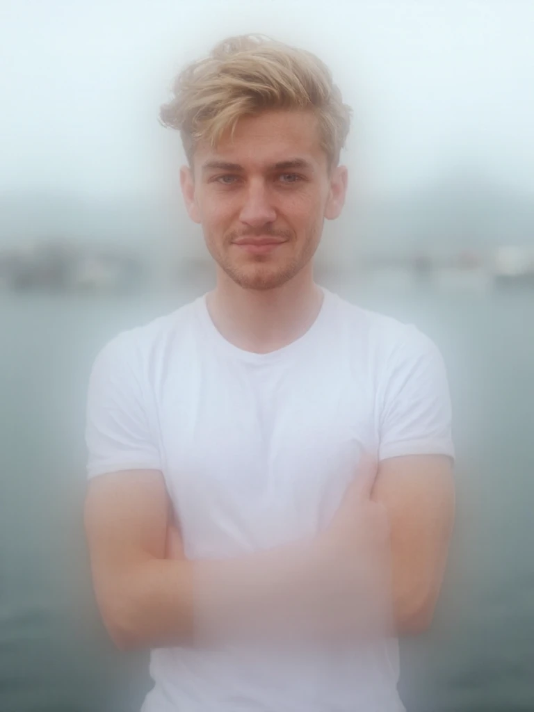 Make me a handsome 21-year-old Icelandic man with a flirtatious air and slender appearance. His appearance consists of a small square face with large eyes with blue-gray irises, Nordic blond hair with beautiful waves, thin eyebrows, reddish thin lips, rosy...