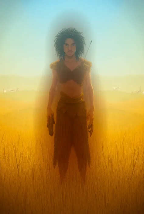 A prehistoric human in Africas savanna landscape, surrounded by tall grass and scattered acacia trees. The character has shoulder-length curly hair, wearing simple animal hide clothing, holding a stone tool. In the background, wild animals like antelopes a...