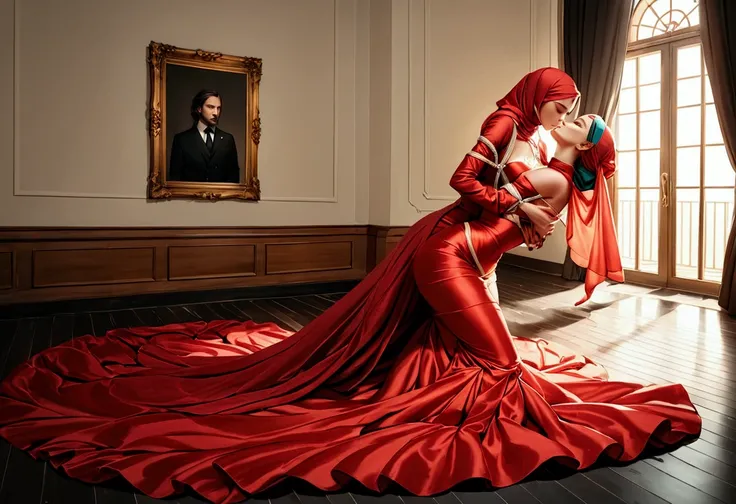 A man wear suit hug and grab and kiss a woman breast who shrouded in a 10-meter-long, plush red satin cloth, tightly bound and grandly draping along the form of her body, flowing off into a pooled floor-length train,styled in a mermaid-inspired outfit, her...