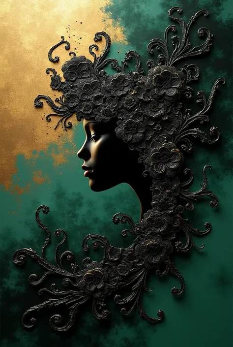 black and green abstraction ,fractal, beautiful black and gold relief of a girl,  beautiful wall in golden black divorces, Black, , golden,  designer minimalism , beautiful.