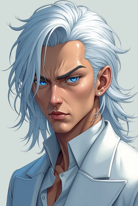 Yujiro Hanma Slightly long white hair with white eyebrows, bright sky blue eyes and white suit 