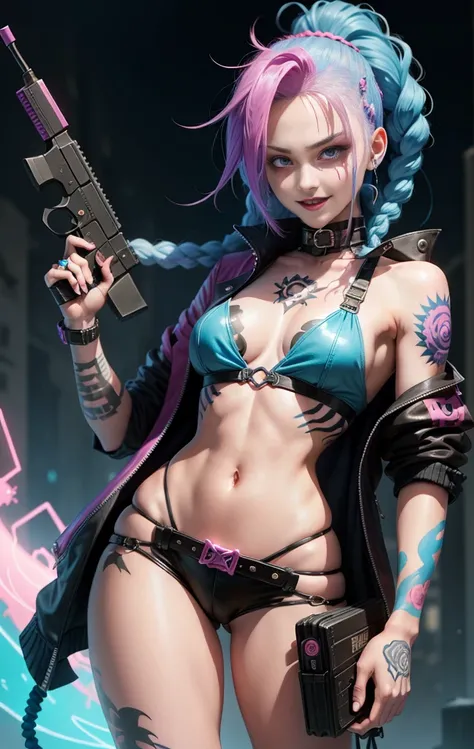  An anime-style character inspired by Jinx from Arcane , with a psychopathic smile ,  blue hair in braids , blue cloud tattoo on right arm ,  holding a pink pistol with a defiant attitude against a neon background.