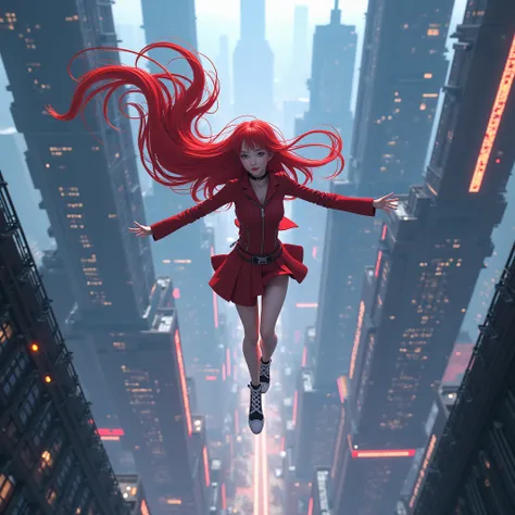 a woman with long red hair flying through the air over a city, cyberpunk art, breathtaking ilya kuvshinov, cgsociety 9, soaring above a dense city, realistic anime 3 d style