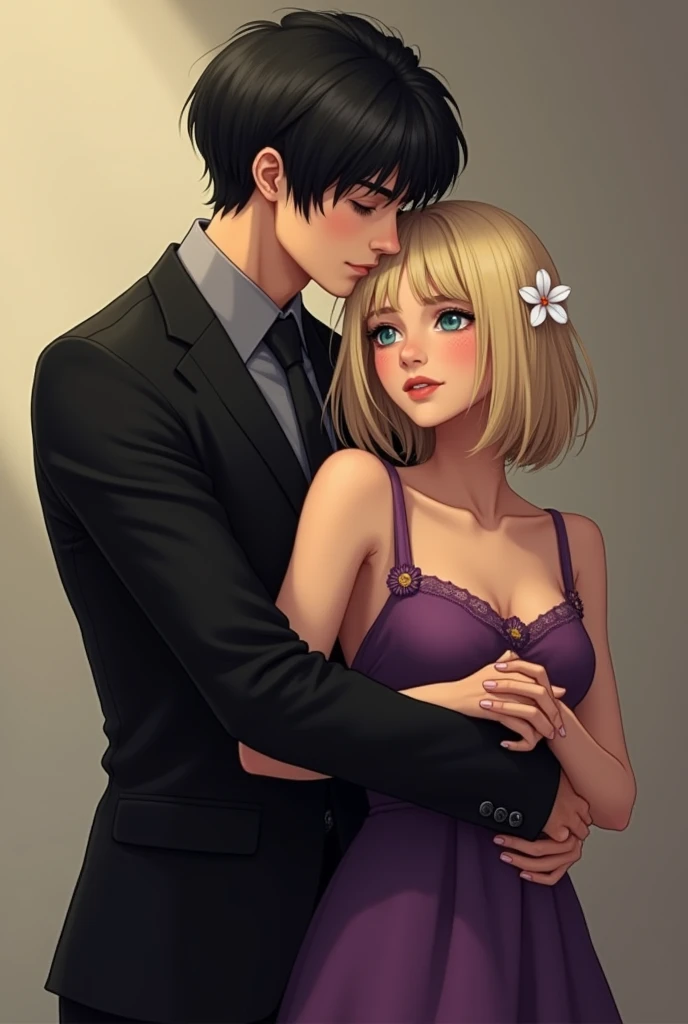 Tall boy with short black hair , dressed in a completely black suit and guero , with a blonde girl with short and straight hair with a white flower in her ear ,  Also Güera wearing a purple dress with straps and neckline
He grabs her waist and shes clutche...