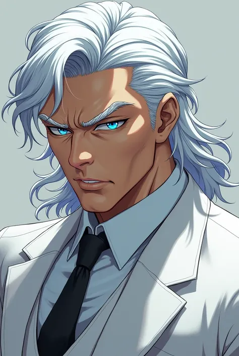 Yujiro Hanma Slightly long white hair with white eyebrows, bright sky blue eyes and white suit 