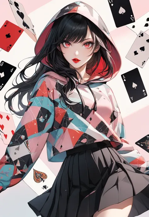 1 woman,  sharp eyes, Red lips, black long hair, Side swept hair,  Pastel Pattern Long Sleeve Hooded T Shirt,  black skirt , playing card